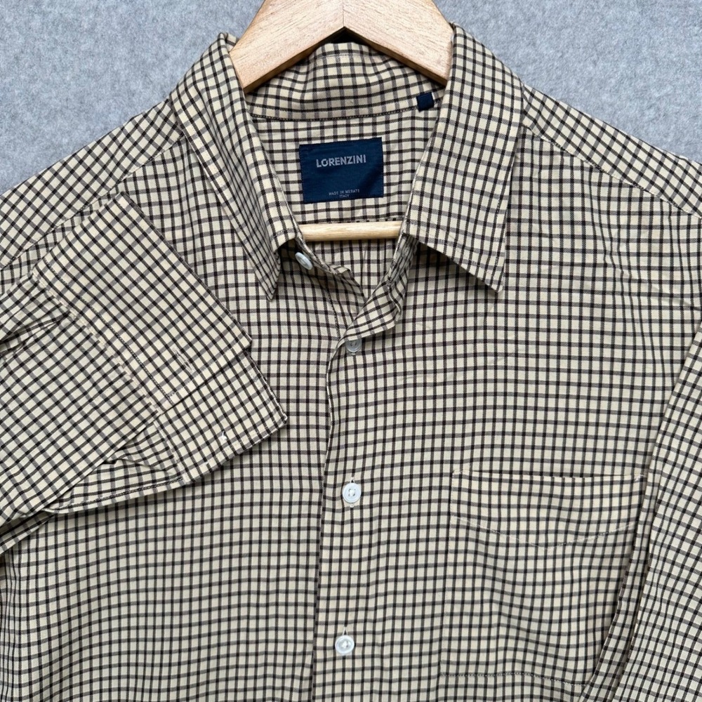 Lorenzini Mens XL Button Up Shirt Tan Brown Micro Check Made in Italy Cotton